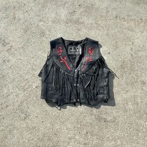 Vintage Leather Fringe Vest Biker Western Floral Lace Up Cropped